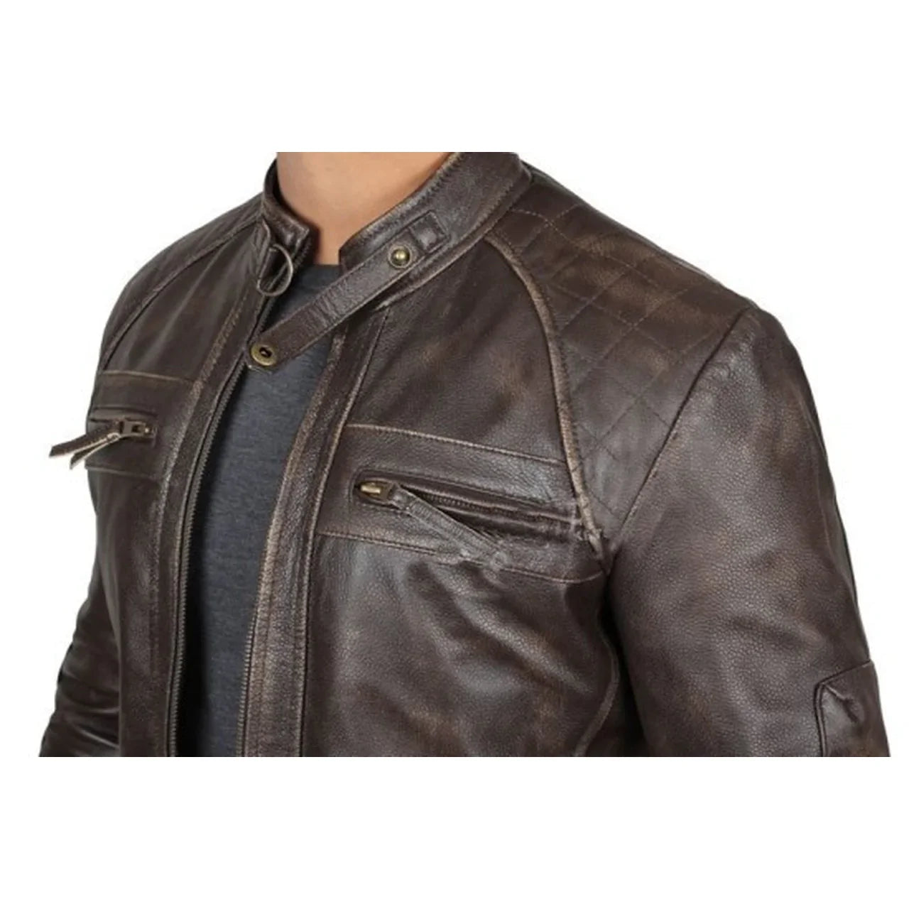 Men's Quilted Distressed Dark Brown Leather Jacket