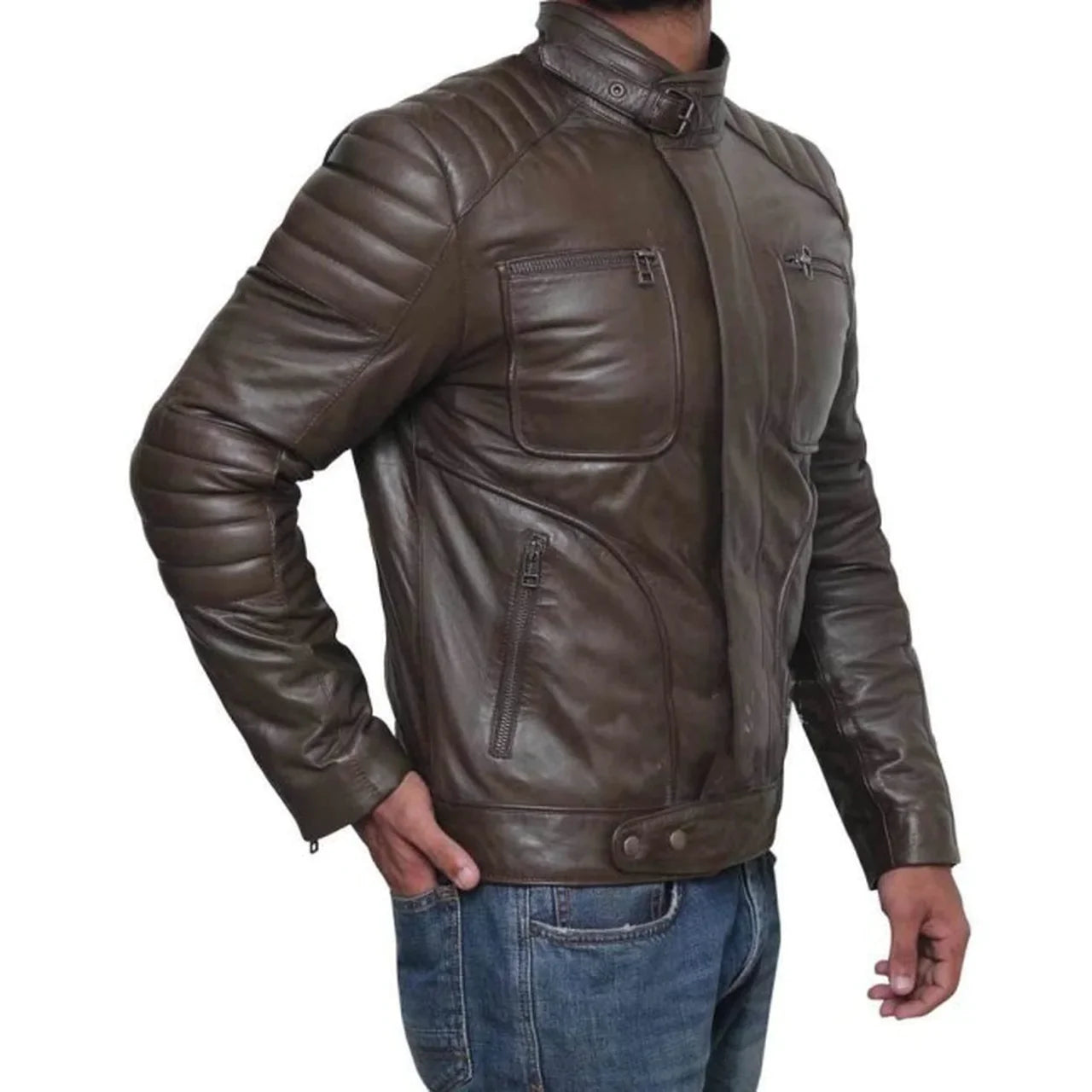 Men's Quilted Four Zipper Pocket Genuine Leather Biker Jacket