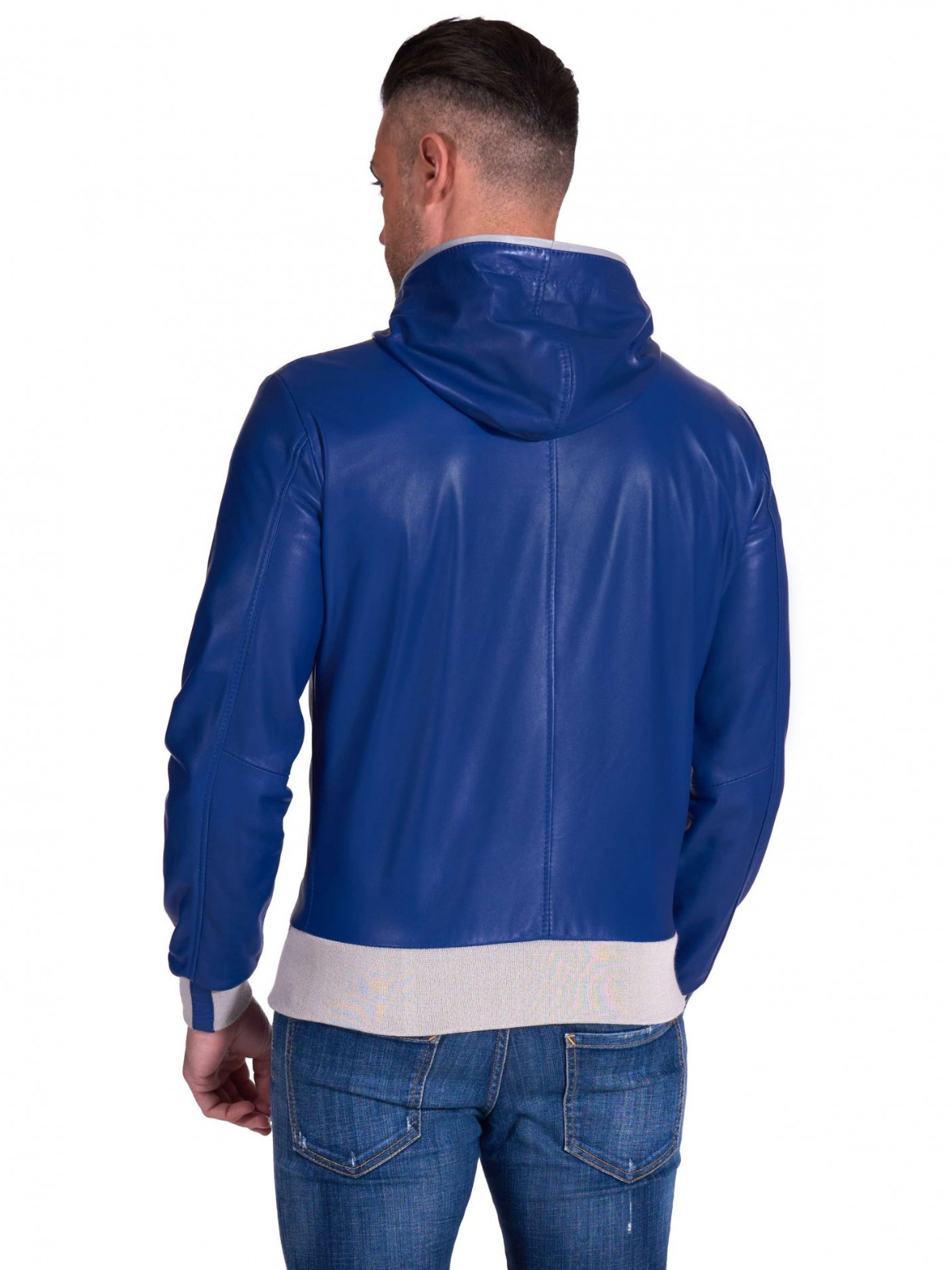 Black Leather Mens biker Blue hooded collar Jacket - Frozva