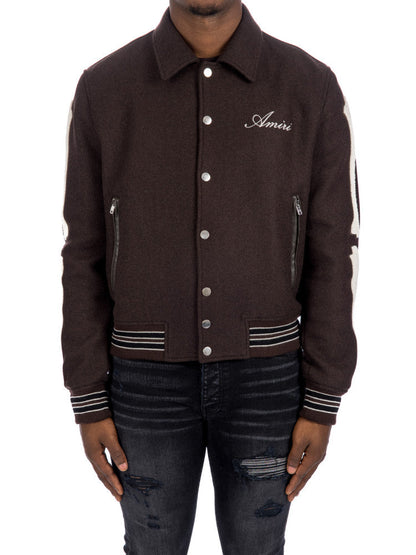 Mens Dark Brown Bone Design Varsity Jacket