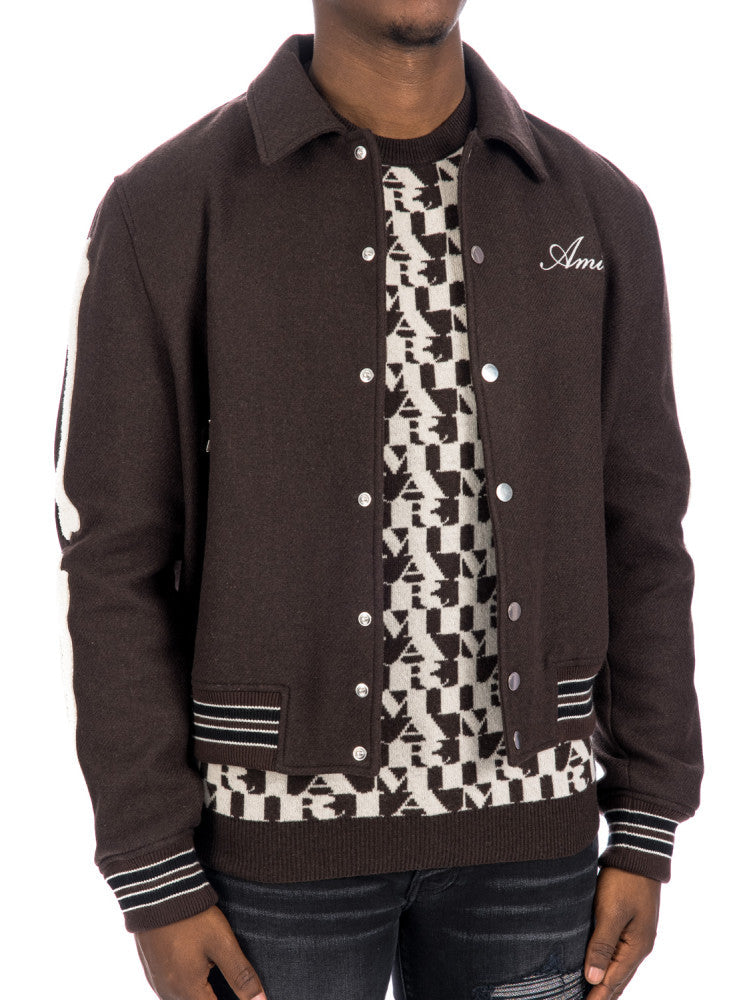 Mens Dark Brown Bone Design Varsity Jacket