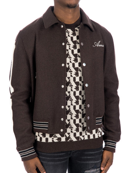 Mens Dark Brown Bone Design Varsity Jacket