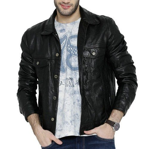 Men's Button Up Black Leather Jacket