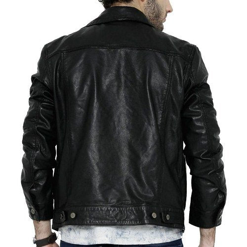 Men's Button Up Black Leather Jacket