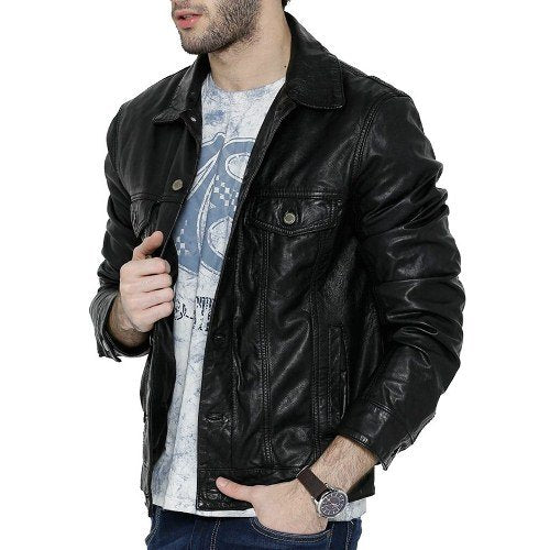 Men's Button Up Black Leather Jacket