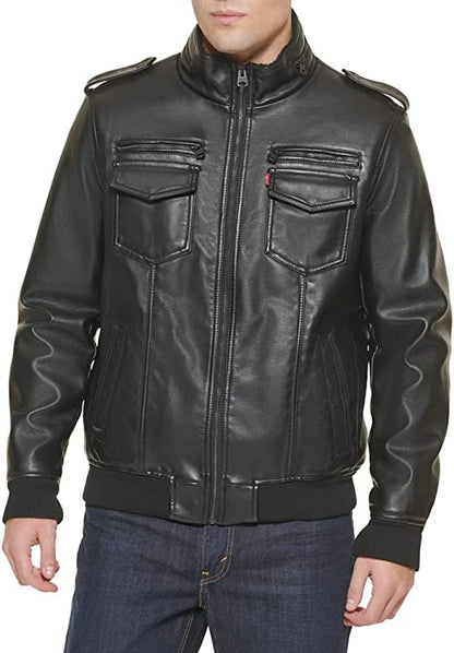 Men's Black Leather Aviator Bomber Jacket