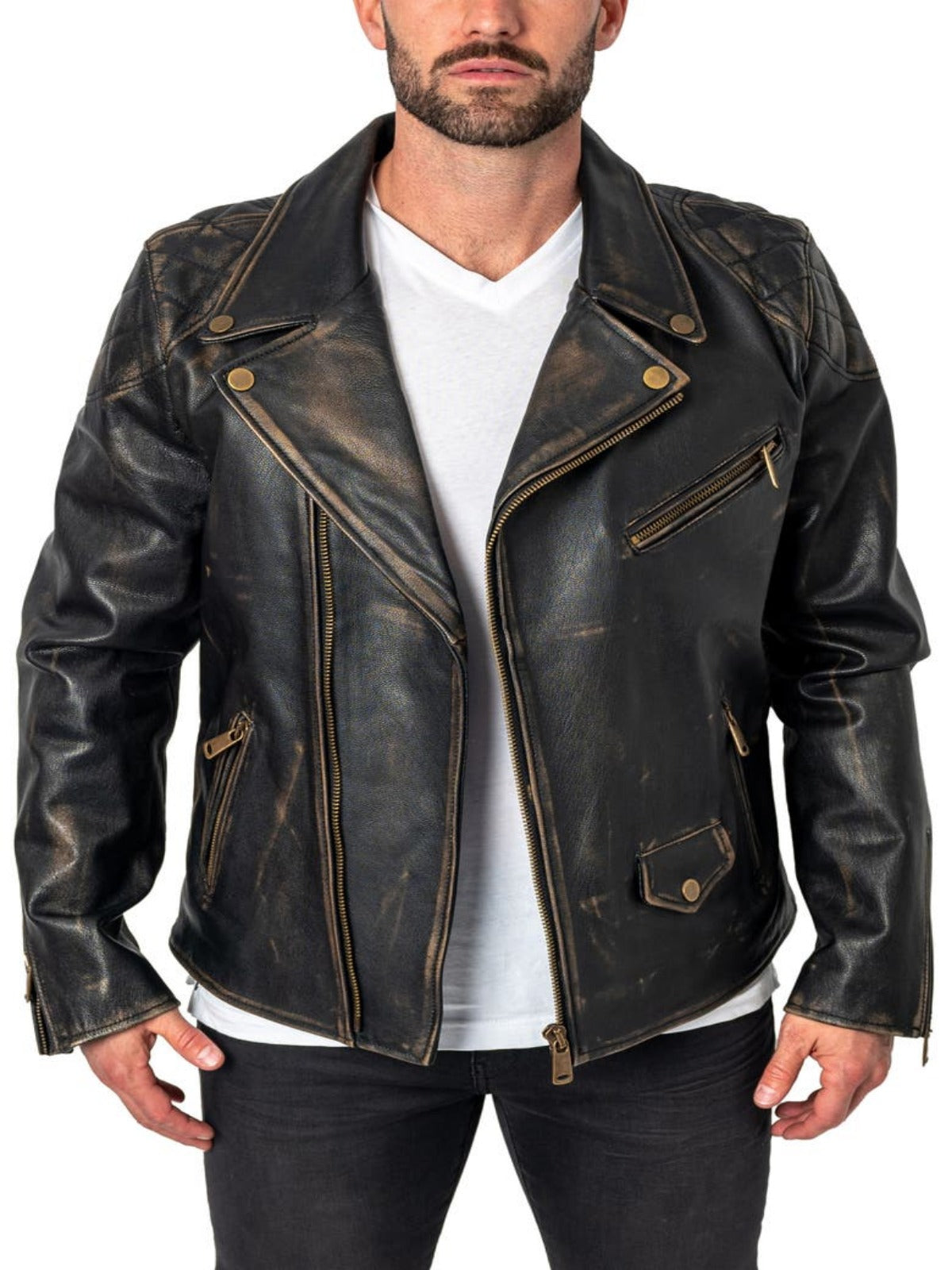 Black Mens Distressed Leather Biker Jacket