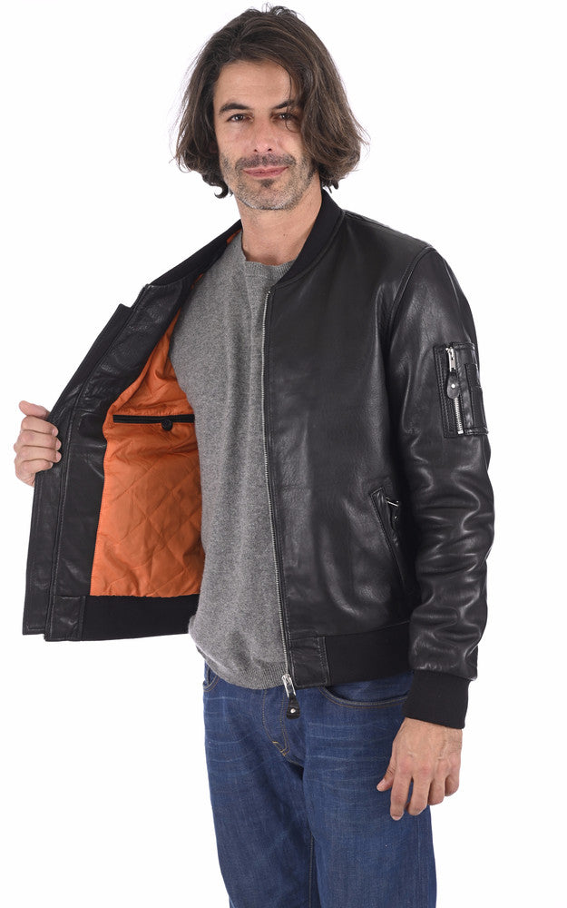 Men's Ink Black Bomber Leather Jacket