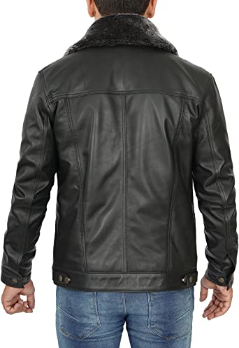 Men's Black Leather Trucker Jacket with Fur Collar