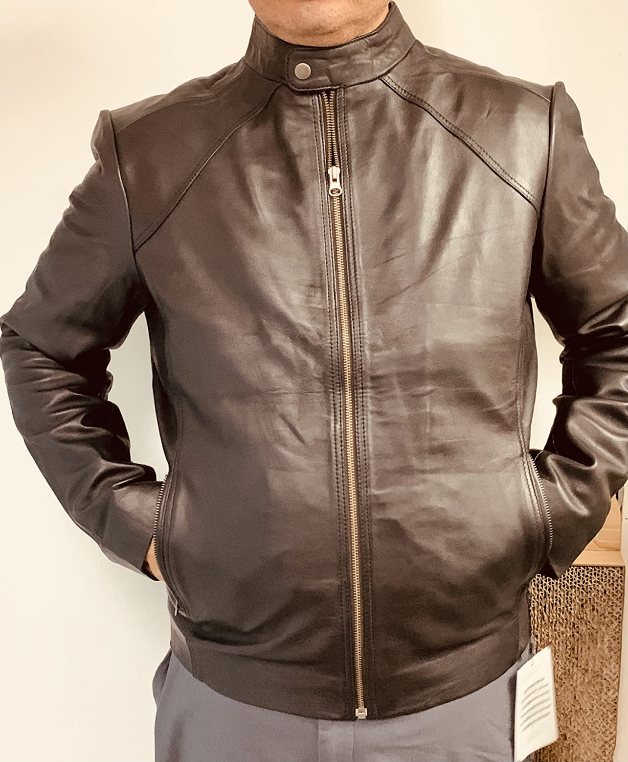 Mens Slim Fit Biker Brown Leather Jacket