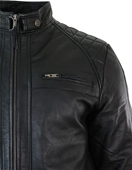 Mens Retro Style Zipped Black Biker Real Leather Jacket