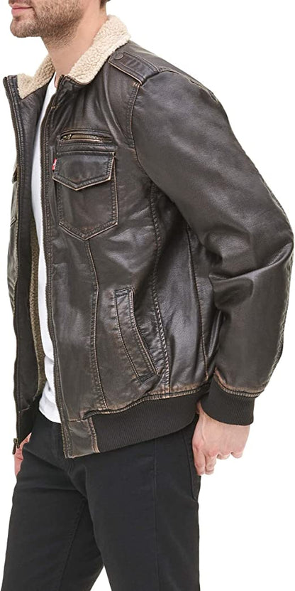 Men's Faux Leather Sherpa Aviator Bomber Jacket