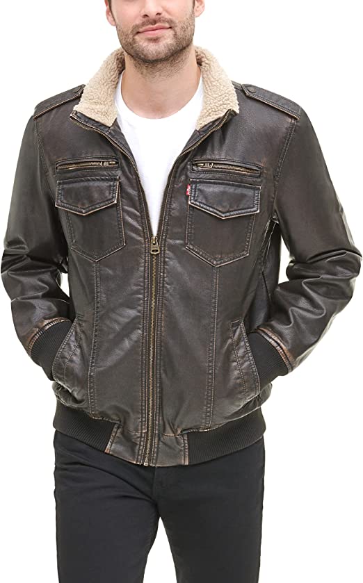 Men's Faux Leather Sherpa Aviator Bomber Jacket