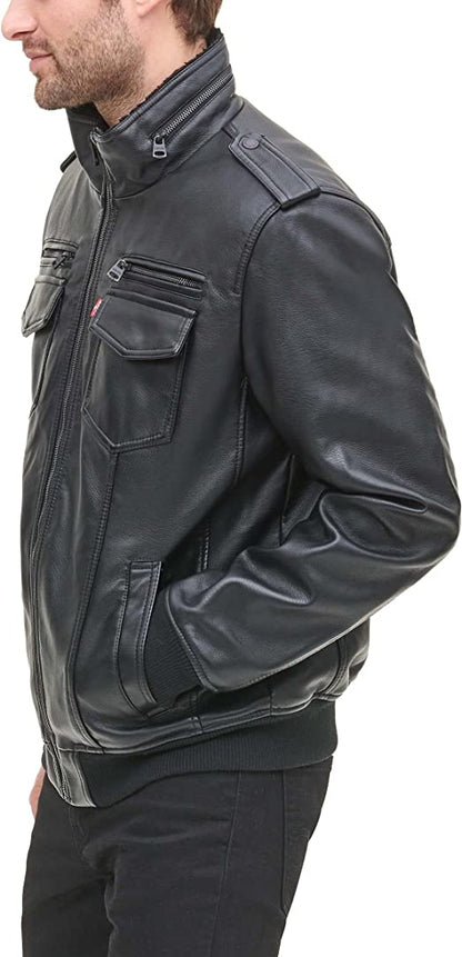 Men's Black Leather Aviator Bomber Jacket