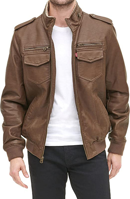 Men's Earth Leather Sherpa Aviator Bomber Jacket