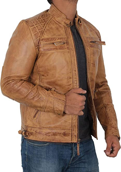 Mens Cafe Racer Motorcycle Real Leather Brown Jacket