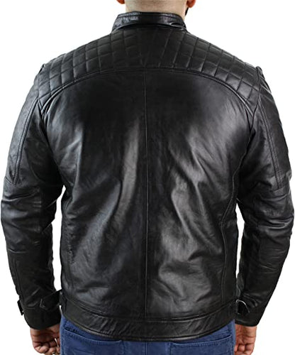 Mens Retro Style Zipped Black Biker Real Leather Jacket