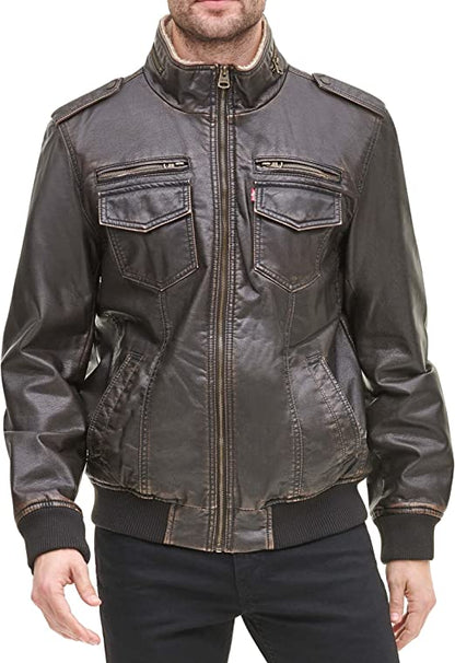 Men's Faux Leather Sherpa Aviator Bomber Jacket