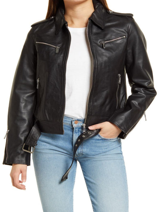 Black Women's Breasted Leather Moto Jacket