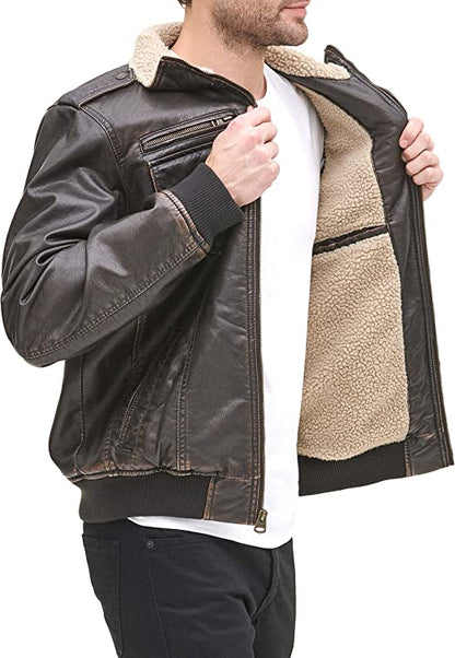 Men's Faux Leather Sherpa Aviator Bomber Jacket