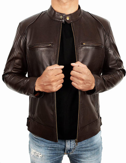 Men's Coffee Brown Stand Collar Leather Bikers Jacket