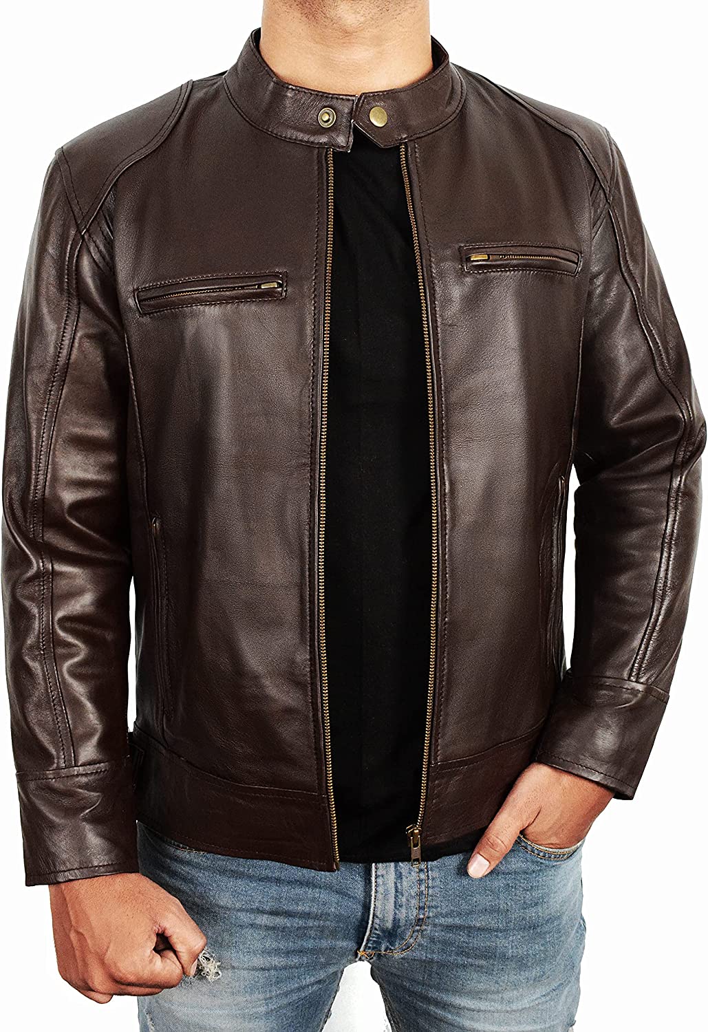 Men's Coffee Brown Stand Collar Leather Bikers Jacket