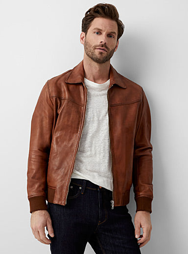 Men's Bomber Brown Leather Jacket - Frozva