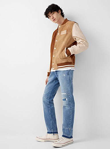 Men's Tan and Beige Suede Varsity Jacket