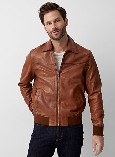 Men's Bomber Brown Leather Jacket - Frozva