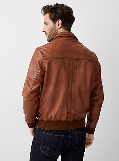 Men's Bomber Brown Leather Jacket - Frozva