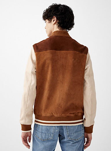 Men's Tan and Beige Suede Varsity Jacket