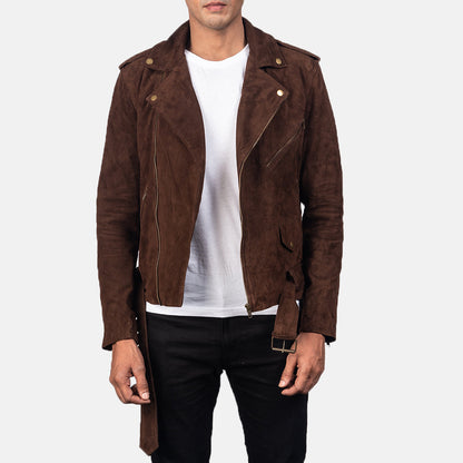 Mocha Brown Suede Biker Jacket For Men