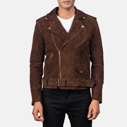 Mocha Brown Suede Biker Jacket For Men