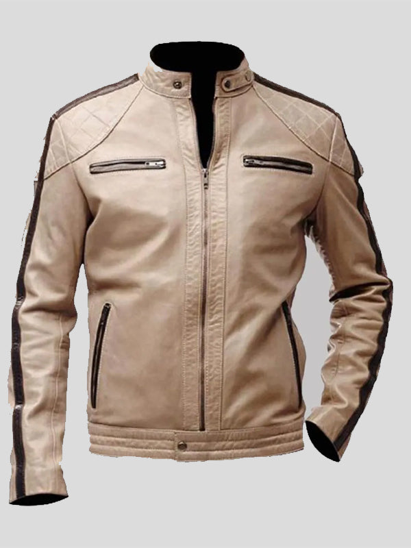 Beige Leather Moto Jacket