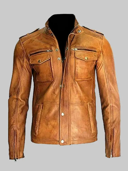 Biker Tan Distressed Motorcycle Leather Mens Jacket