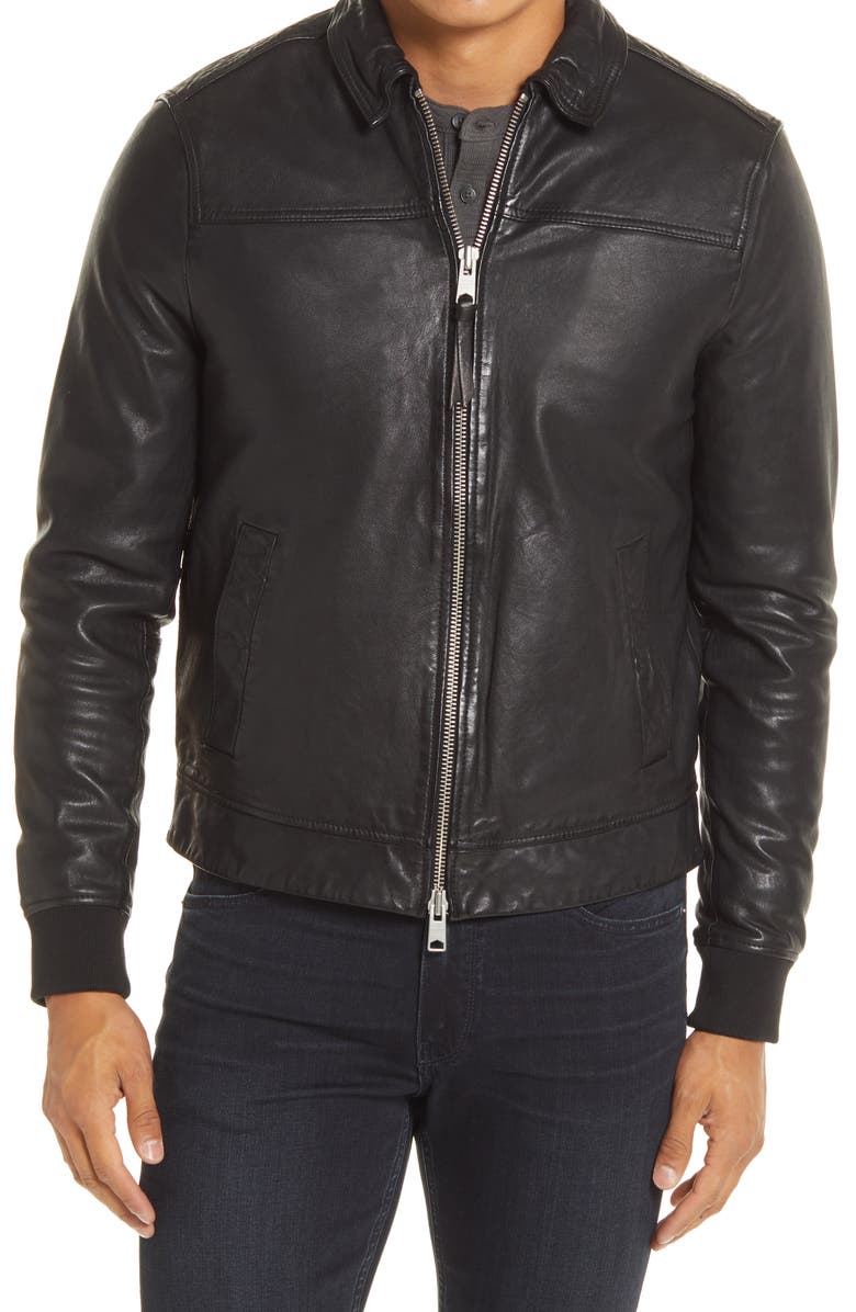 Mens Black Biker Stand Collar Leather Jacket