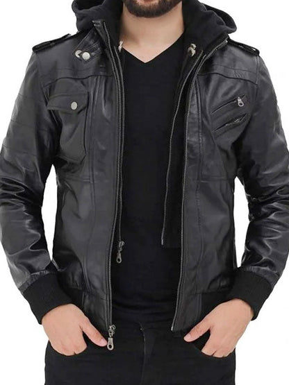 Black Bomber Leather Jacket With Hood