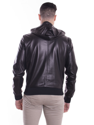 Black Lambskin Leather Mens Biker Hooded Collar Jacket