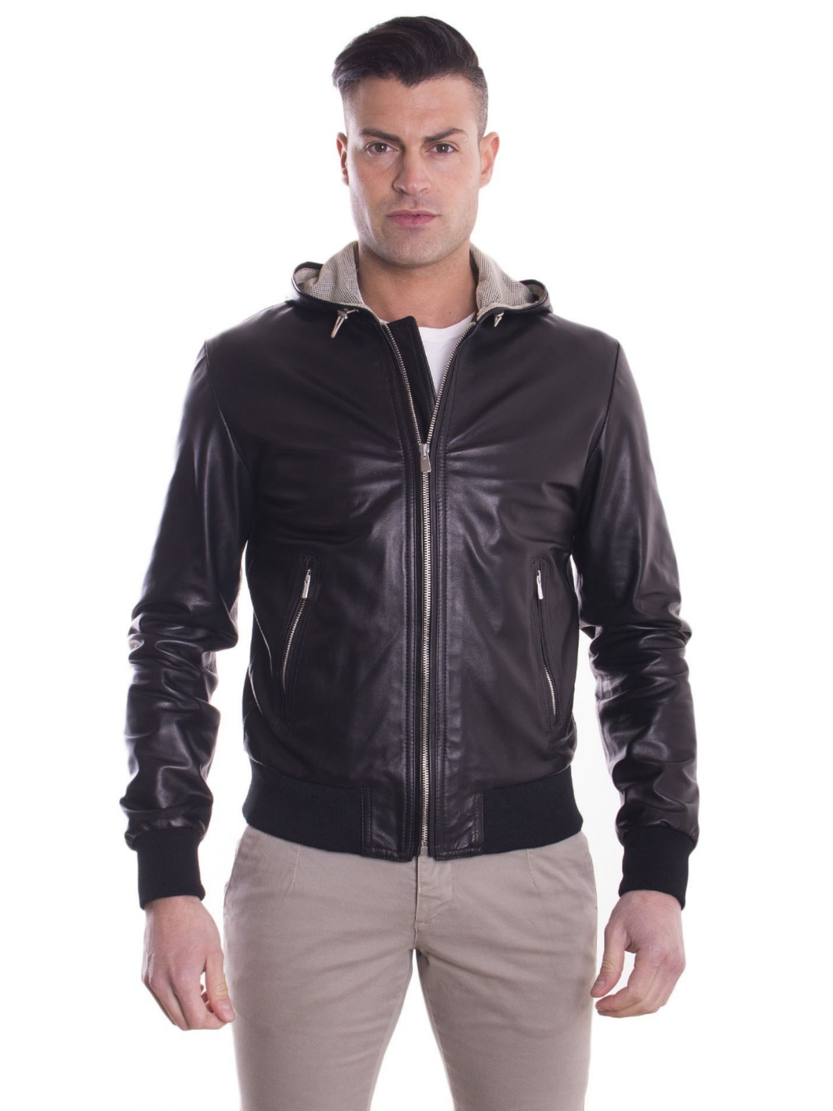 Lambskin Black Leather Mens hooded collar biker Jacket - Frozva