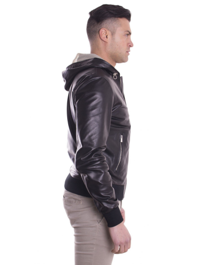 Black Lambskin Leather Mens Biker Hooded Collar Jacket