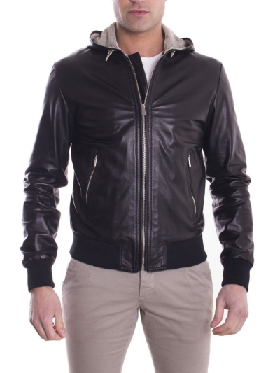 Black Lambskin Leather Mens Biker Hooded Collar Jacket