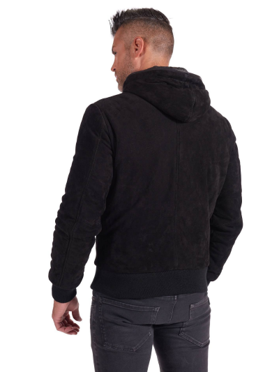 Black Lambskin Leather Biker Hooded Collar Jacket For Men