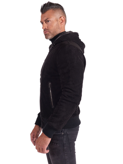 Mens suede leather Black biker hooded collar Jacket - Frozva