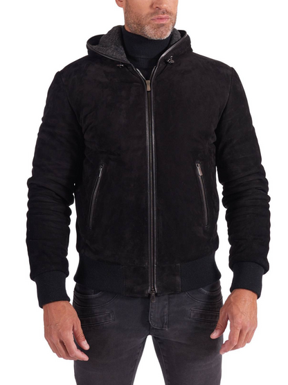 Black Lambskin Leather Biker Hooded Collar Jacket For Men