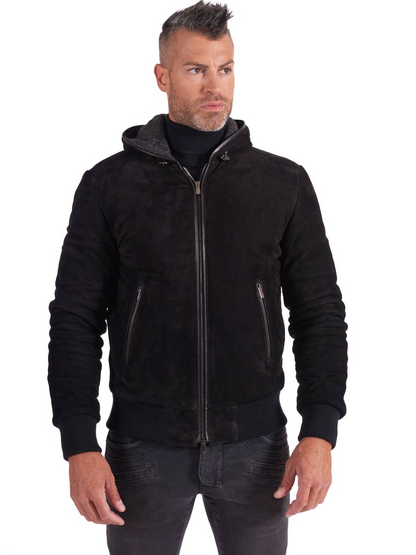 Mens suede leather Black biker hooded collar Jacket - Frozva