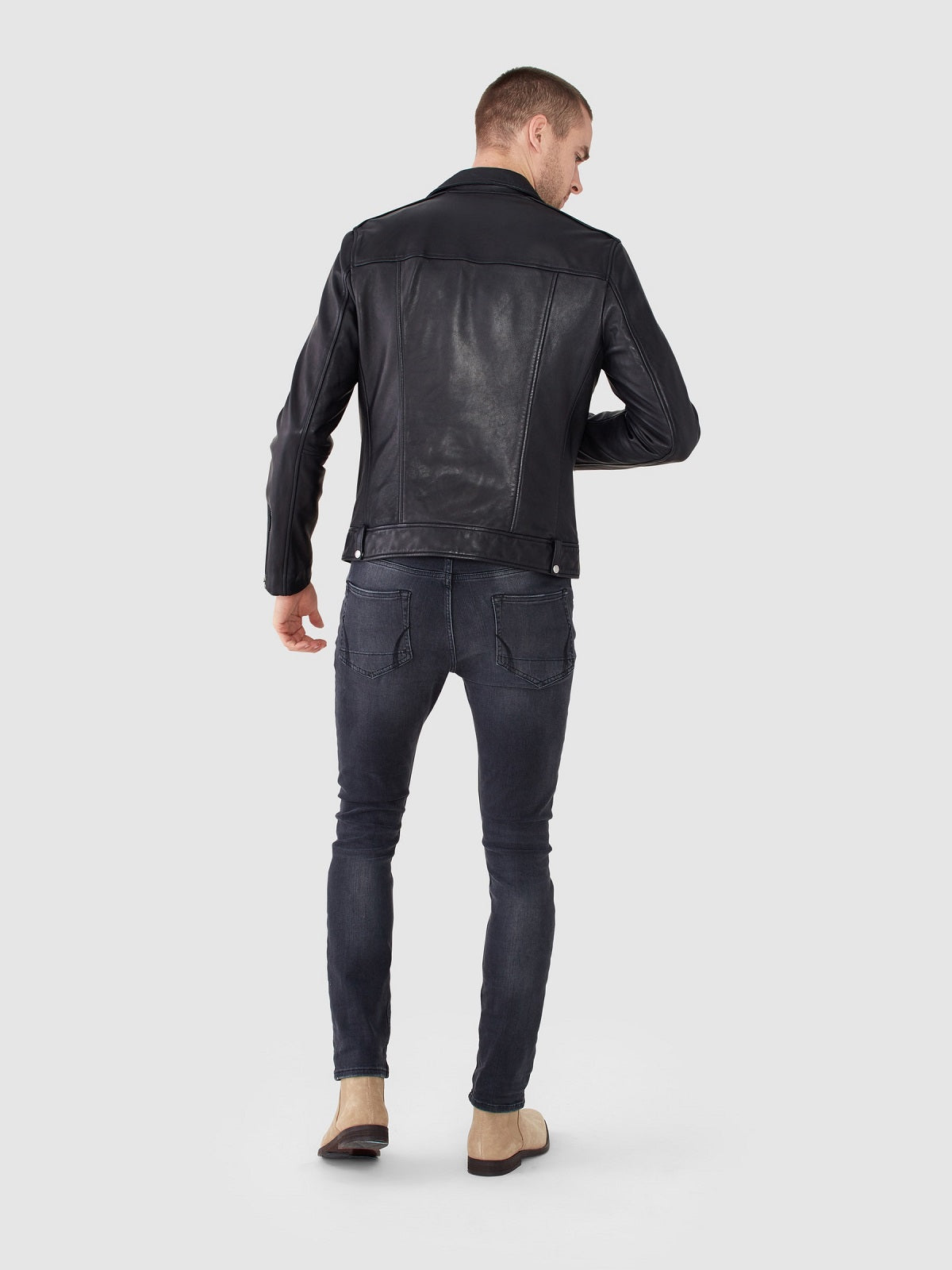 Mens Black Leather Hem Cuffs Biker Jacket