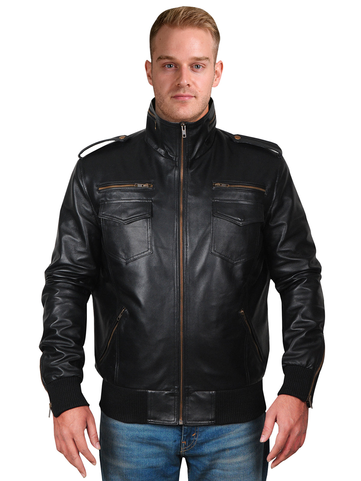 Men Black Leather Biker Distressed Jacket