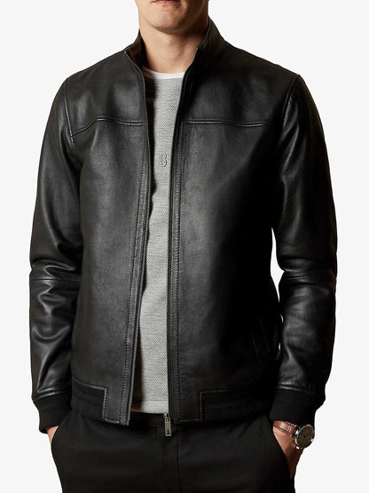 Black Mens Quilted Bomber Leather Jacket