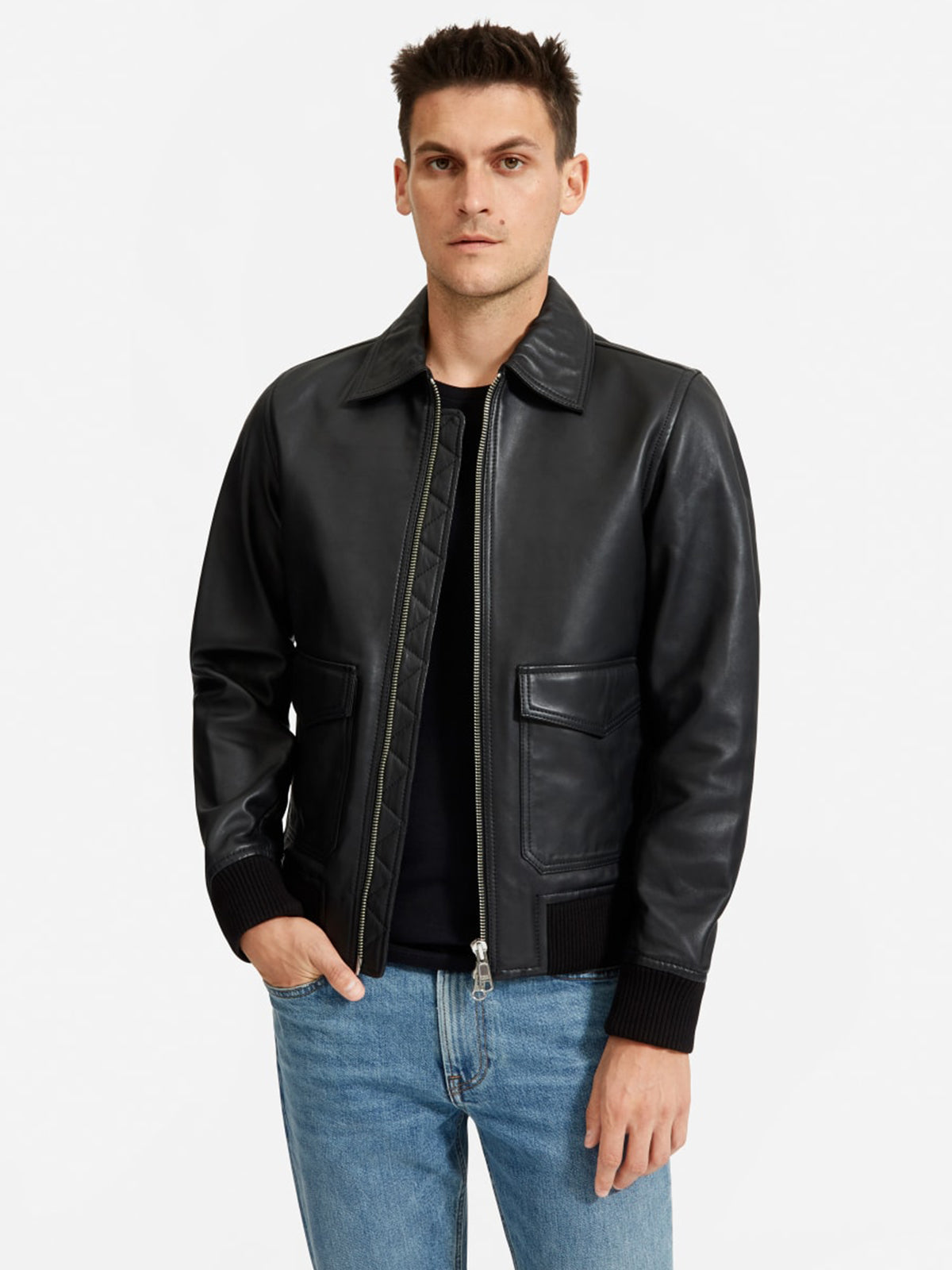 Black Mens Quilted Leather Stand Collar Bomber Jacket