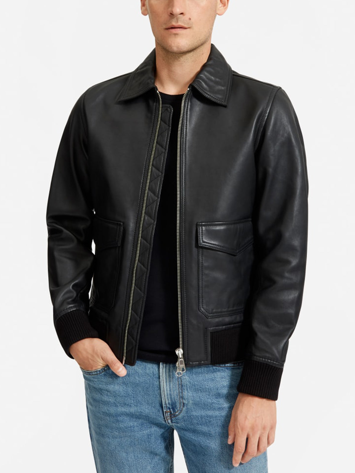 Black Mens Quilted Leather Stand Collar Bomber Jacket